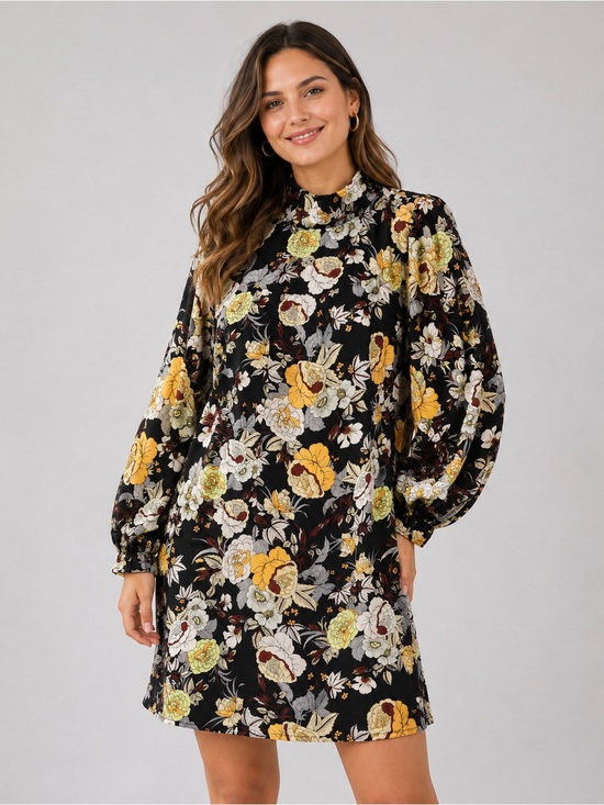 Who What Wear Dresses & Skirts - Who What Wear Black Floral Puff-Sleeve Mini Dress